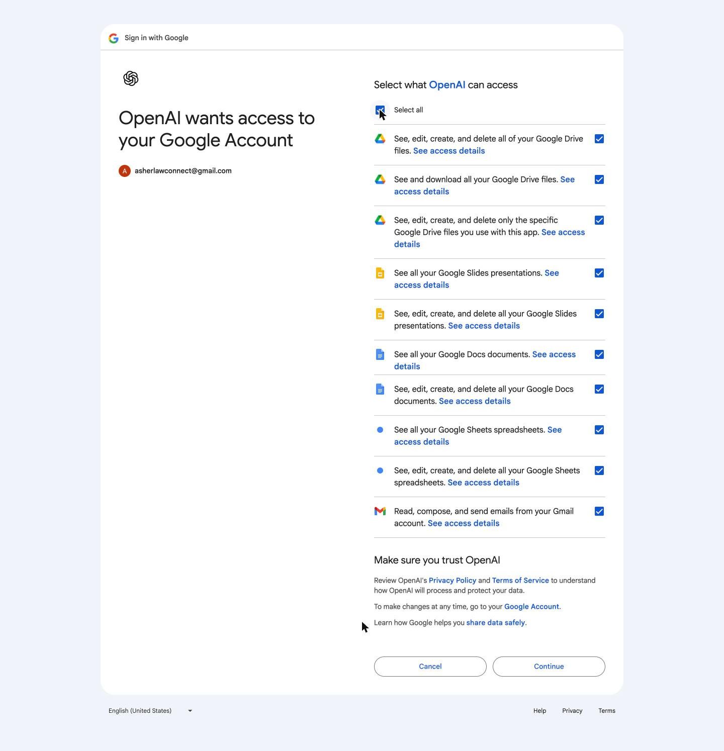 Google's full permission screen, from Select all down to the Continue button