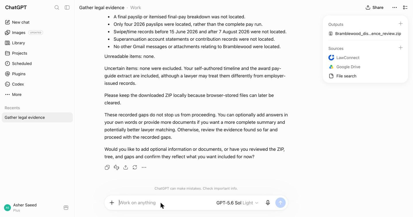 LawConnect's summary of recorded gaps and a downloadable evidence ZIP in the Outputs panel