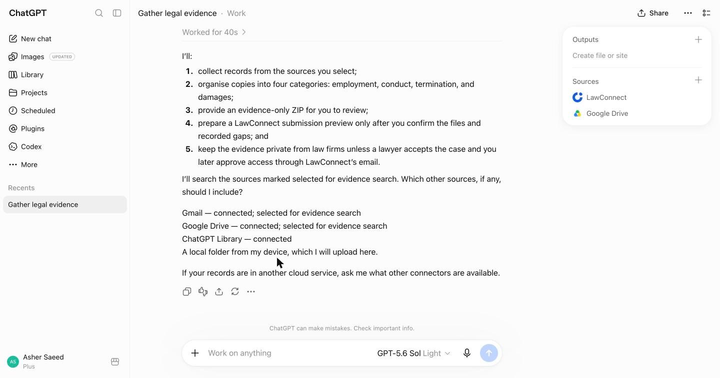 LawConnect's first reply listing the connected sources it will search