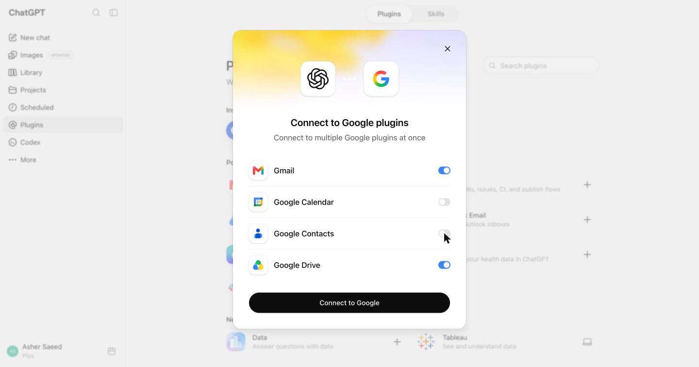 The same dialog with only Gmail and Google Drive switched on