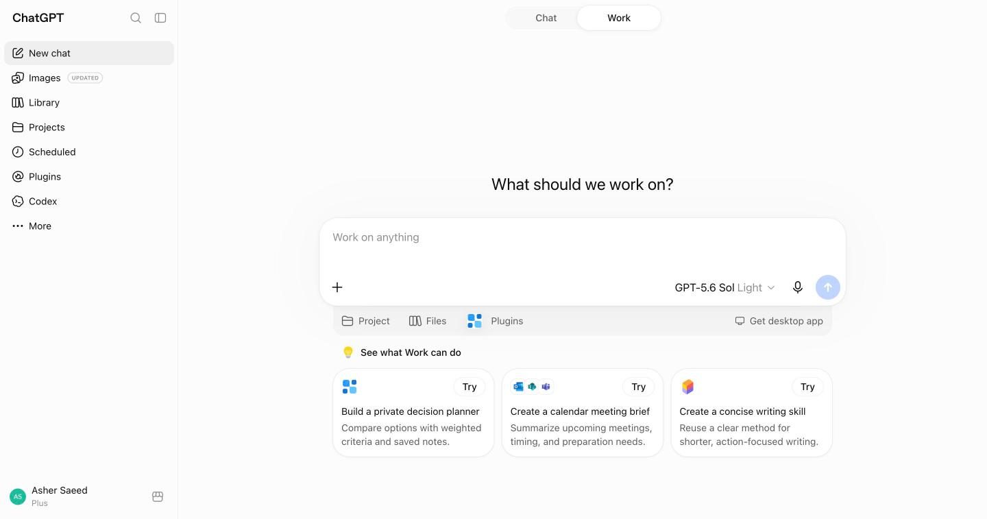 ChatGPT home screen with Plugins in the left sidebar