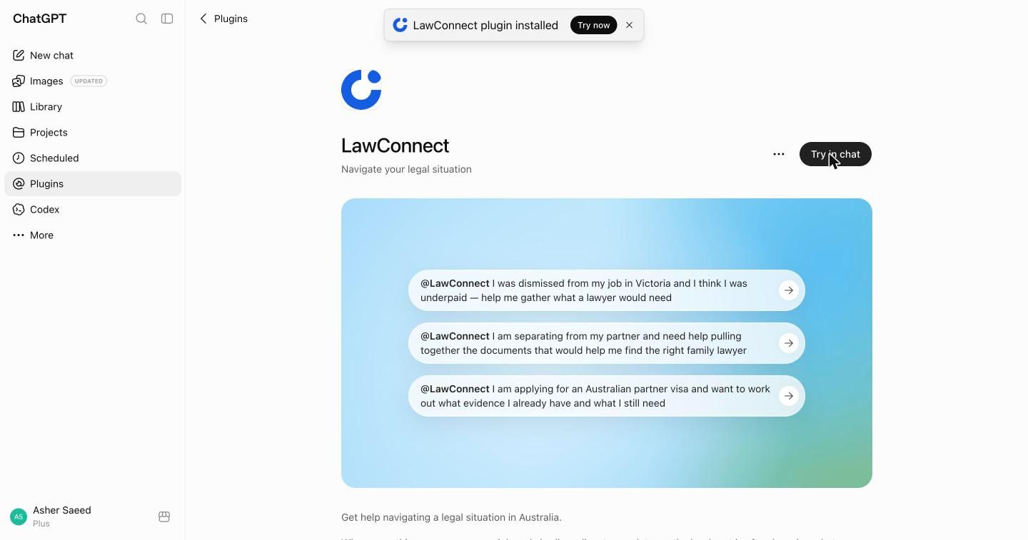 A notification reading LawConnect plugin installed