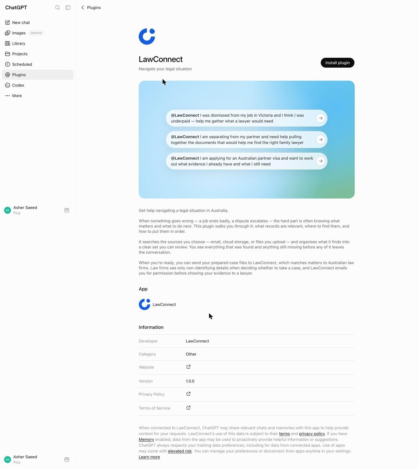 The full LawConnect plugin listing, from the Install button down to the developer and privacy details