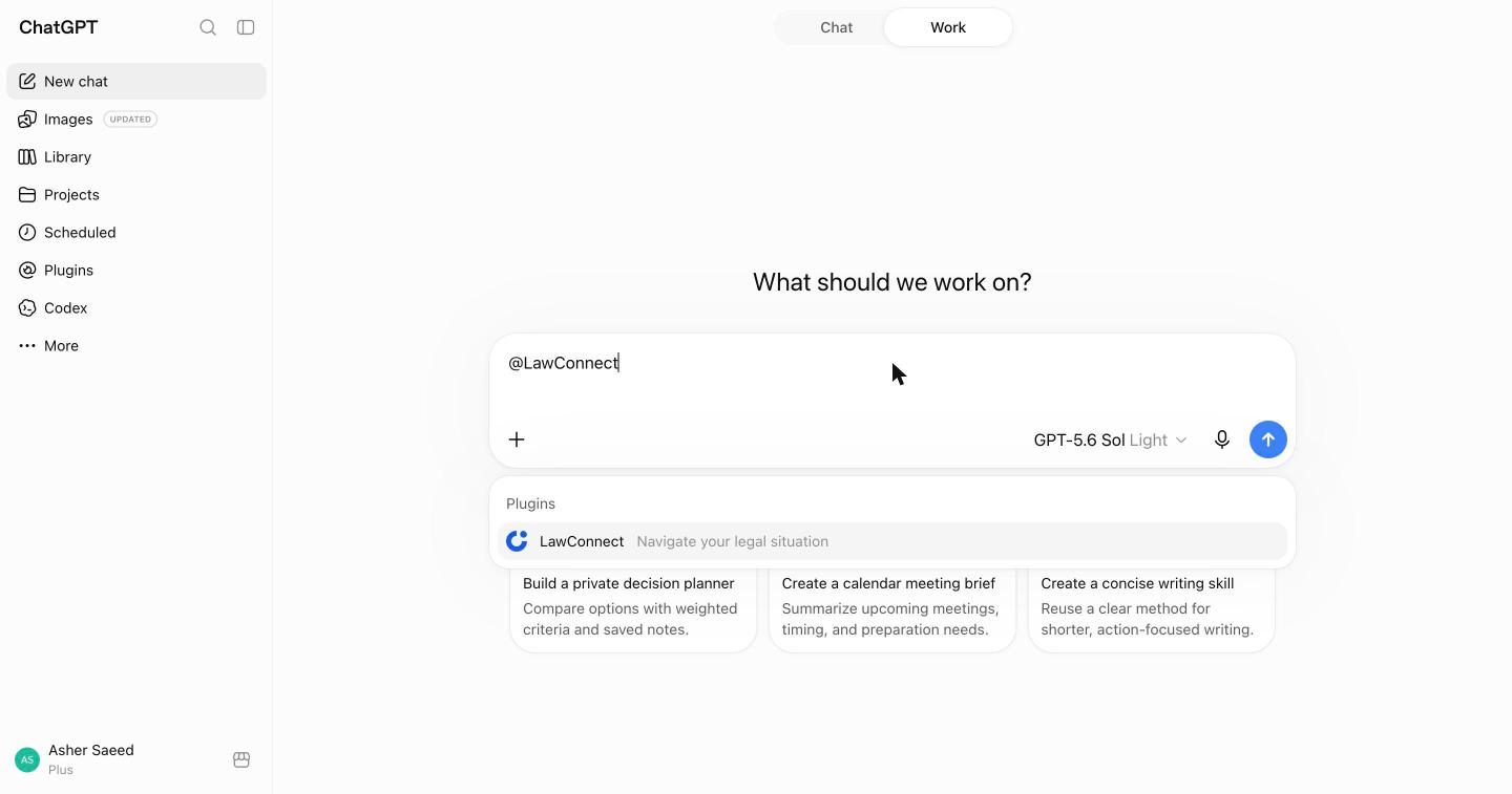 Typing @LawConnect shows the plugin in a suggestion list