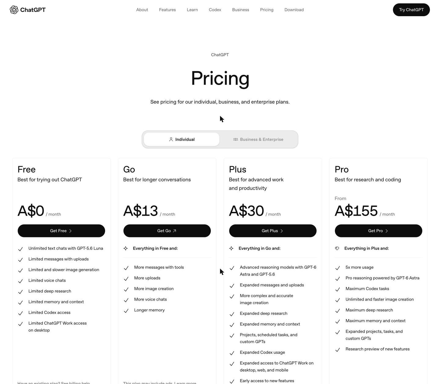 The ChatGPT pricing page, from the header down to the plan cards