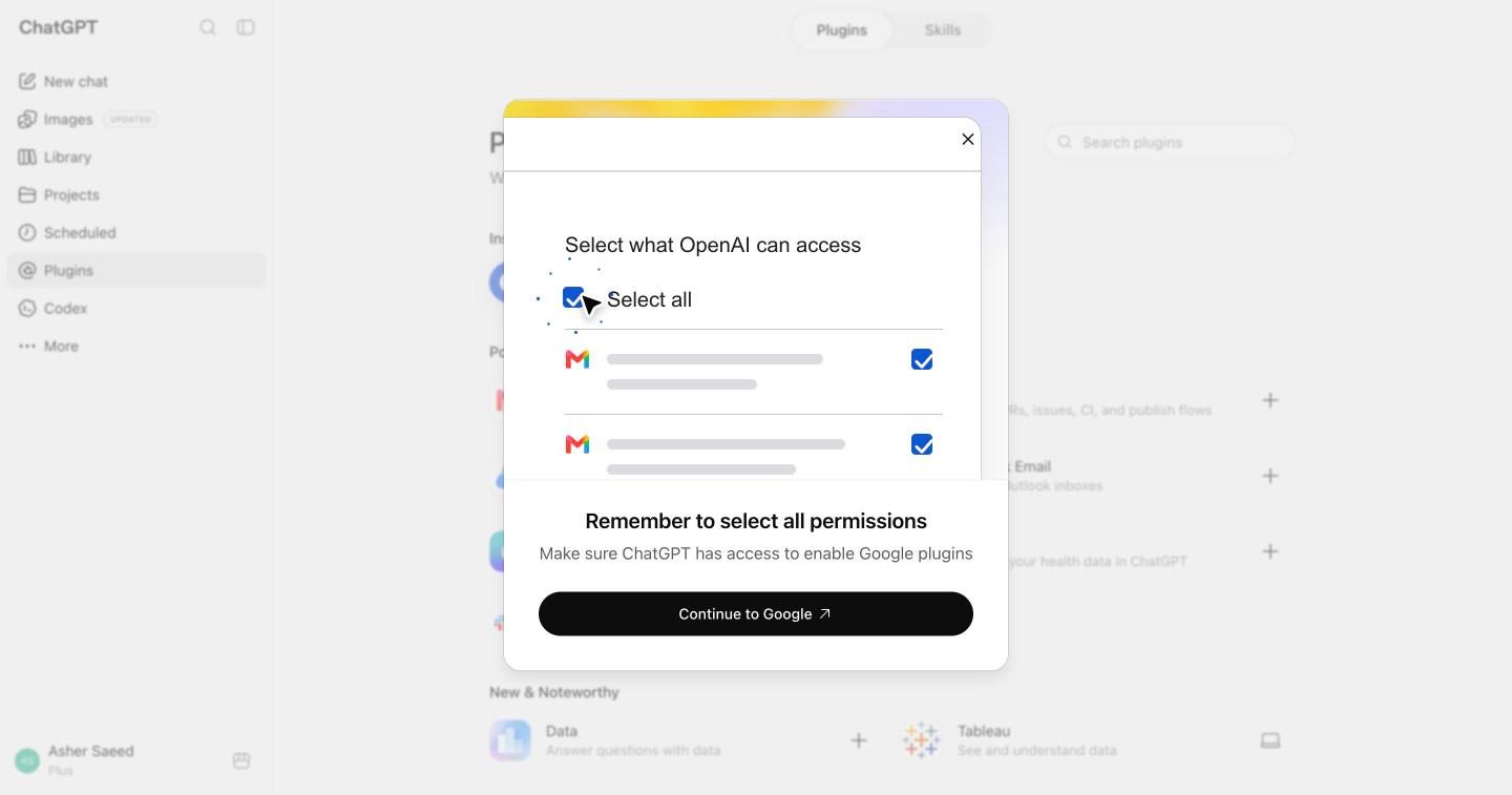 A reminder to select all permissions, with a Continue to Google button