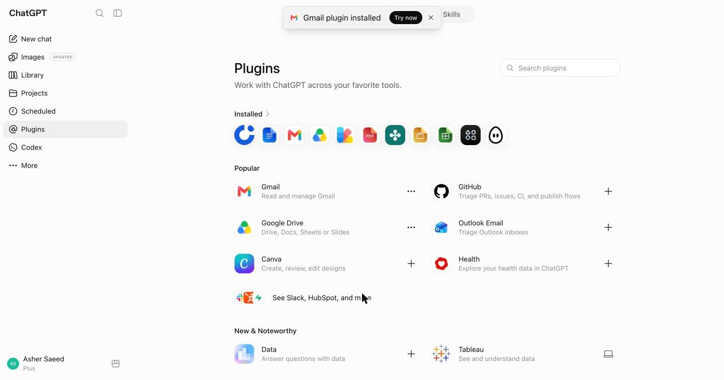 Plugins directory showing LawConnect, Gmail and Google Drive installed