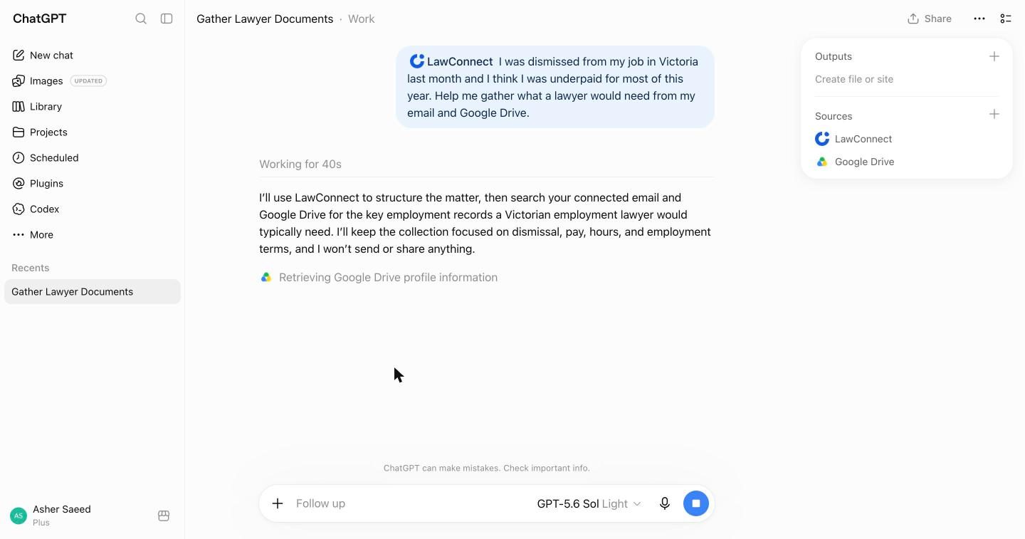 ChatGPT working, retrieving Google Drive profile information